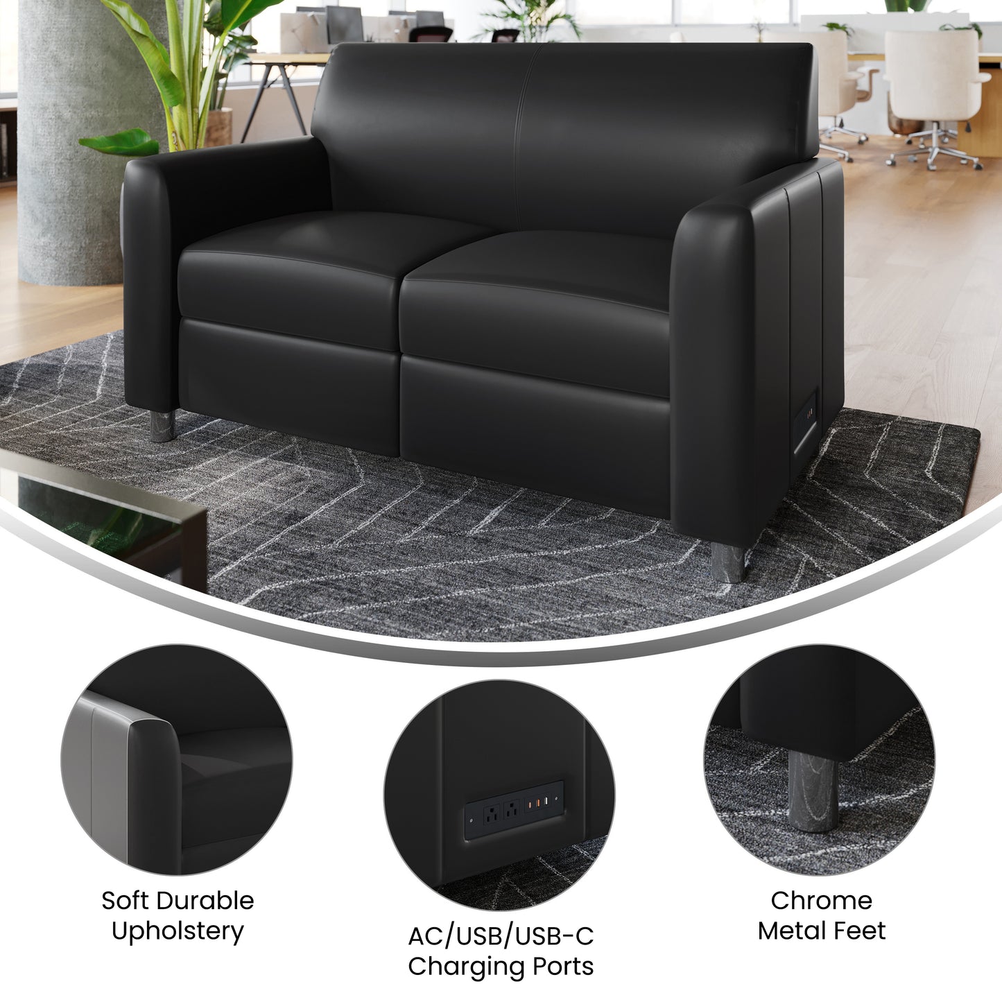 Agent Black LeatherSoft Reception Loveseat with Right Side Charging Bank, Includes 2 Outlets, 2USB Ports, 1 USB-C Port, Chrome Legs