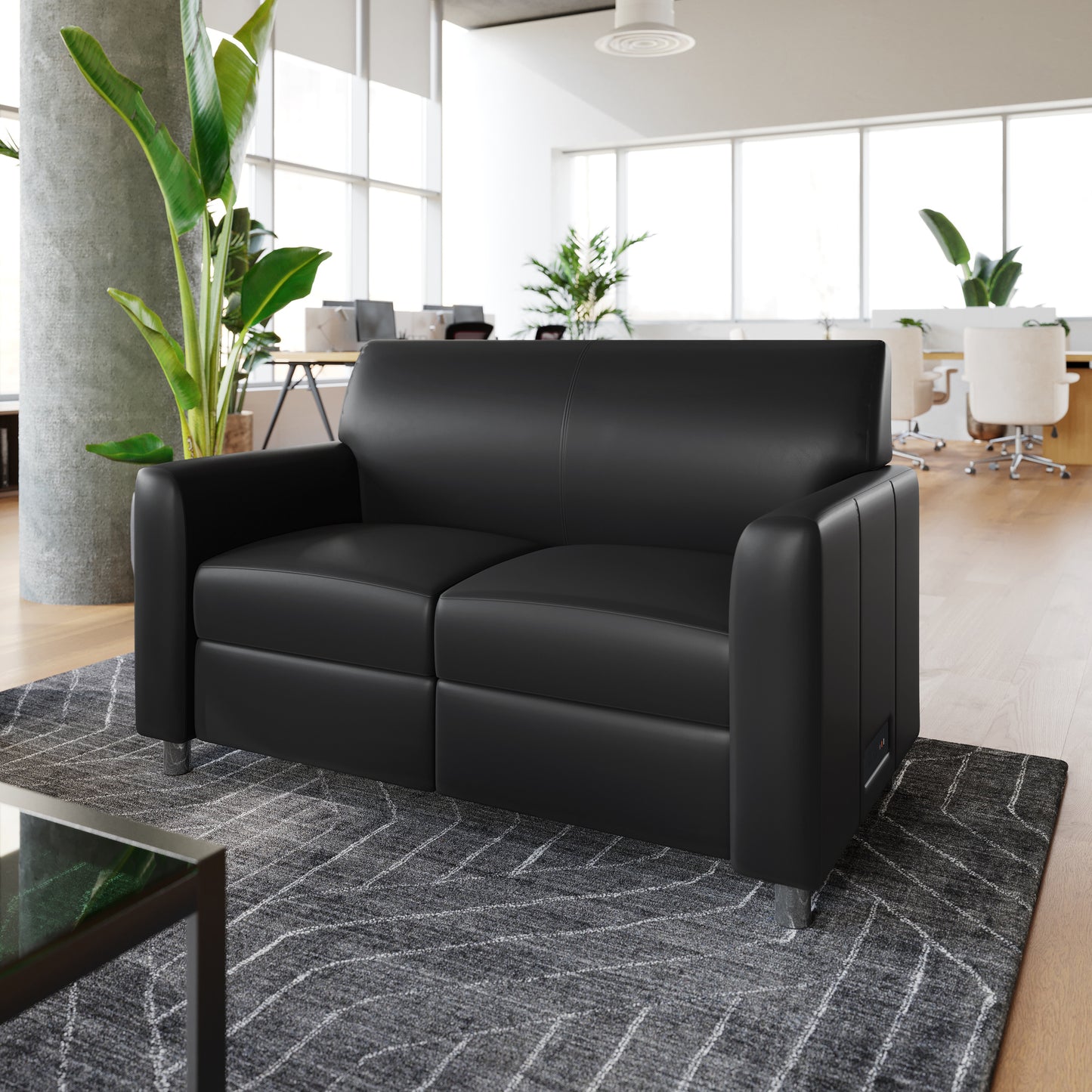 Agent Black LeatherSoft Reception Loveseat with Right Side Charging Bank, Includes 2 Outlets, 2USB Ports, 1 USB-C Port, Chrome Legs
