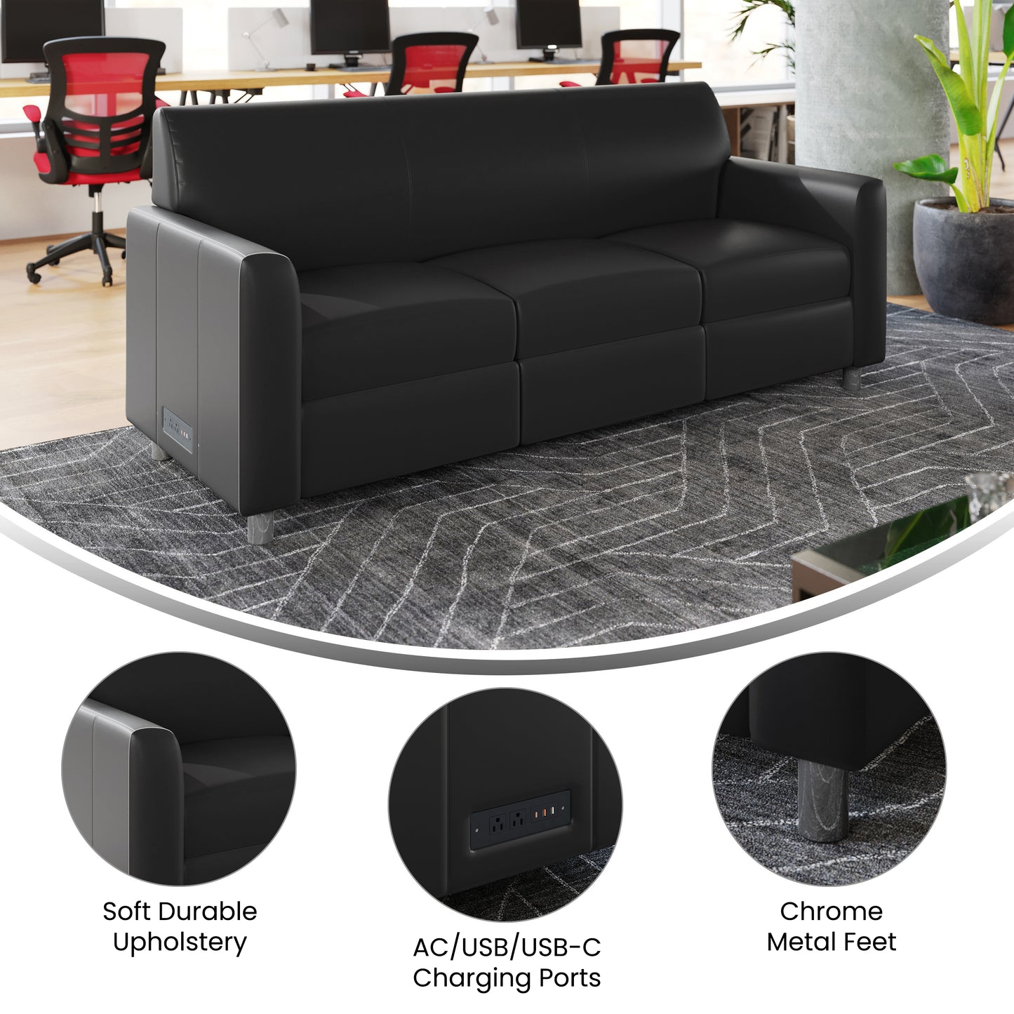 Agent Black LeatherSoft Reception Sofa with Left and Right Side Charging Banks, Includes 2 Outlets, 2USB Ports, 1 USB-C Port, Chrome Legs