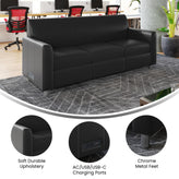Agent Black LeatherSoft Reception Sofa with Left and Right Side Charging Banks, Includes 2 Outlets, 2USB Ports, 1 USB-C Port, Chrome Legs