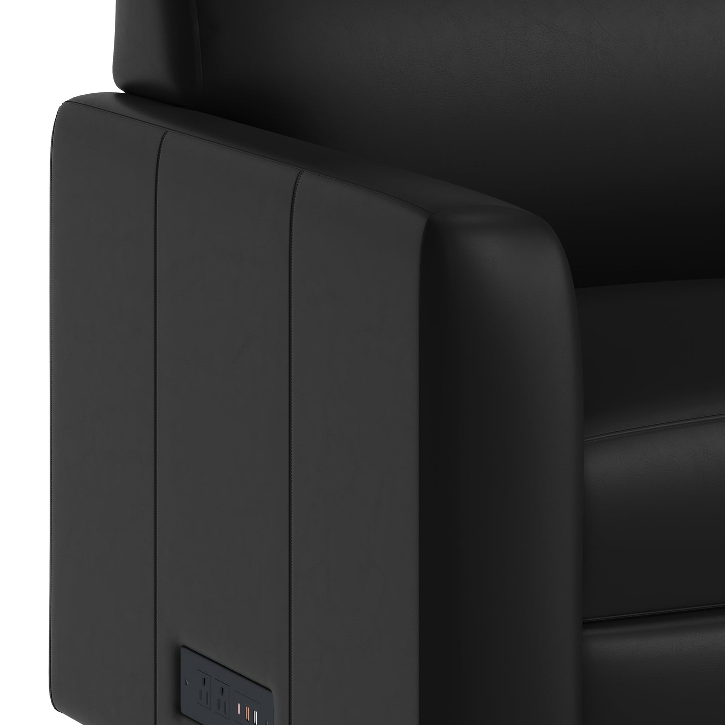 Agent Black LeatherSoft Reception Sofa with Left and Right Side Charging Banks, Includes 2 Outlets, 2USB Ports, 1 USB-C Port, Chrome Legs