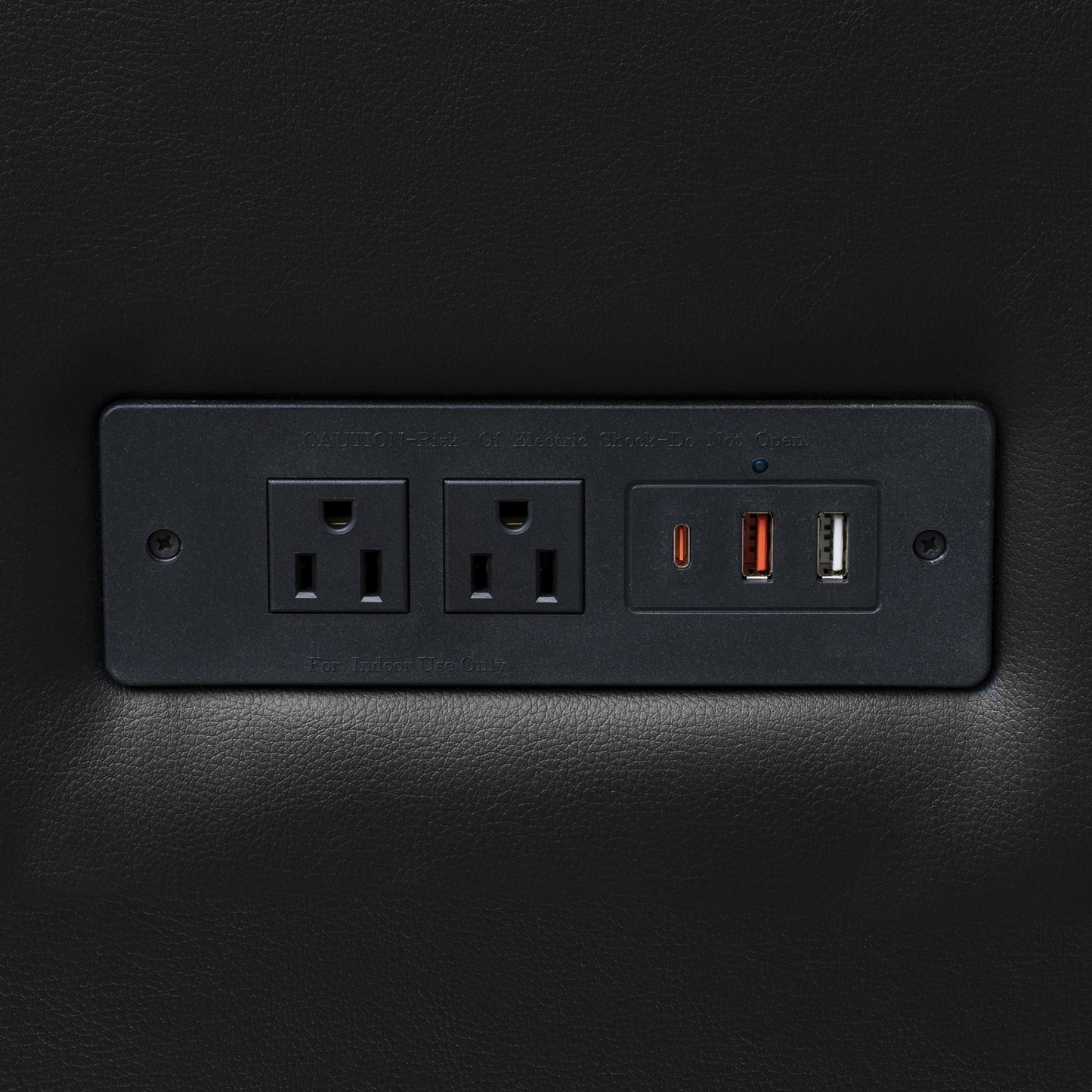 Agent Black LeatherSoft Reception Sofa with Left and Right Side Charging Banks, Includes 2 Outlets, 2USB Ports, 1 USB-C Port, Chrome Legs