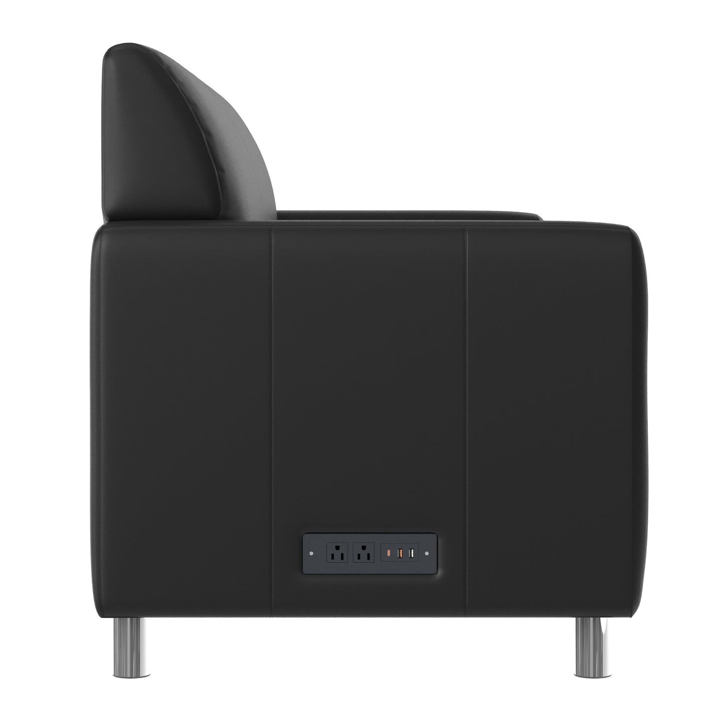Agent Black LeatherSoft Reception Sofa with Left and Right Side Charging Banks, Includes 2 Outlets, 2USB Ports, 1 USB-C Port, Chrome Legs
