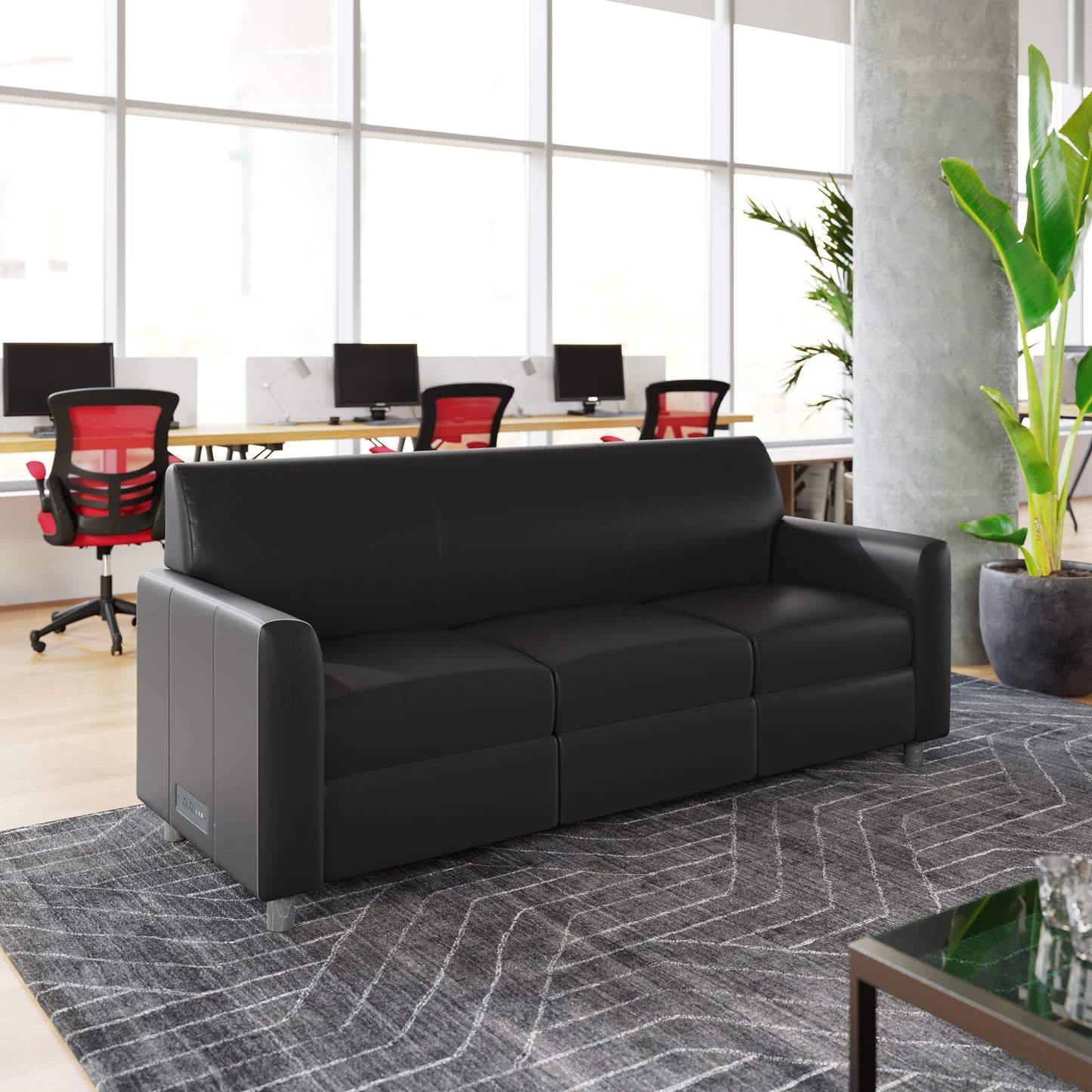 Agent Black LeatherSoft Reception Sofa with Left and Right Side Charging Banks, Includes 2 Outlets, 2USB Ports, 1 USB-C Port, Chrome Legs