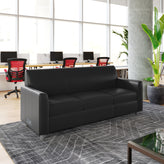 Agent Black LeatherSoft Reception Sofa with Left and Right Side Charging Banks, Includes 2 Outlets, 2USB Ports, 1 USB-C Port, Chrome Legs