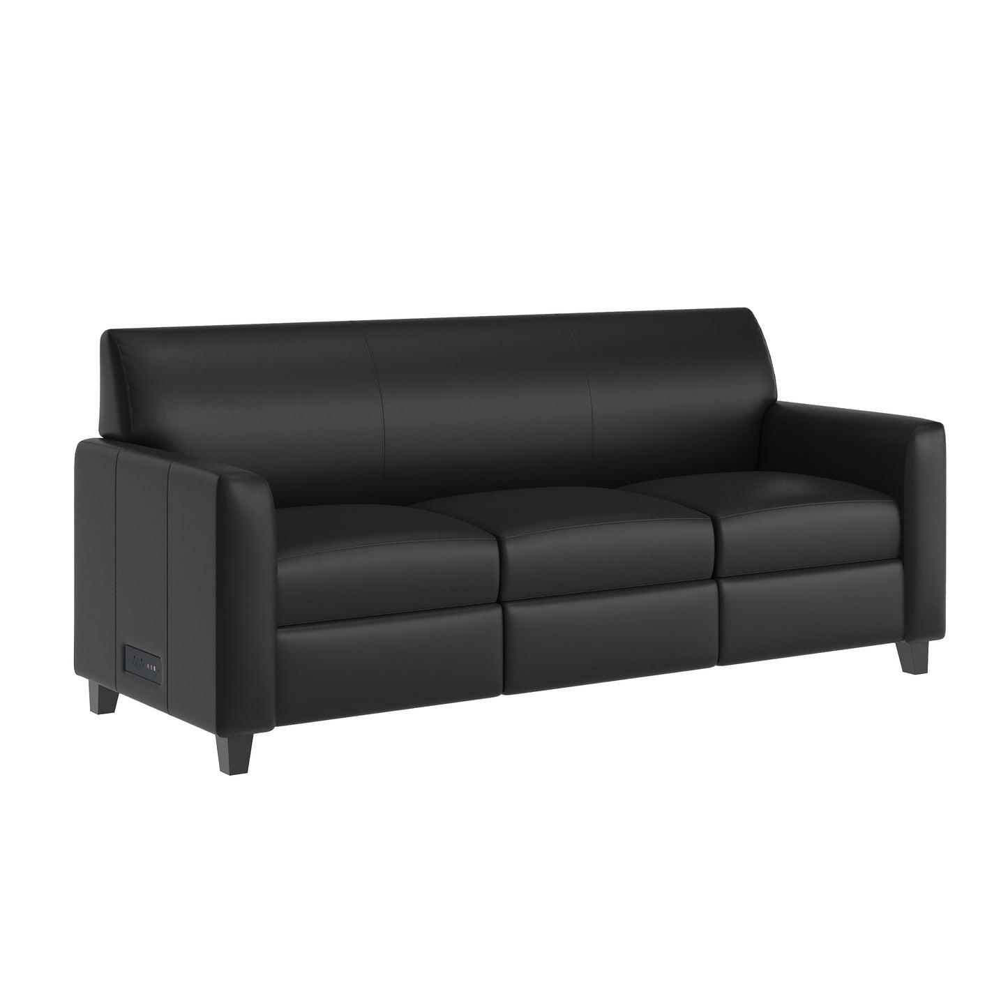 Agent Black LeatherSoft Reception Sofa with Left and Right Side Charging Banks, Includes 2 Outlets, 2USB Ports, 1 USB-C Port, Solid Wood Legs
