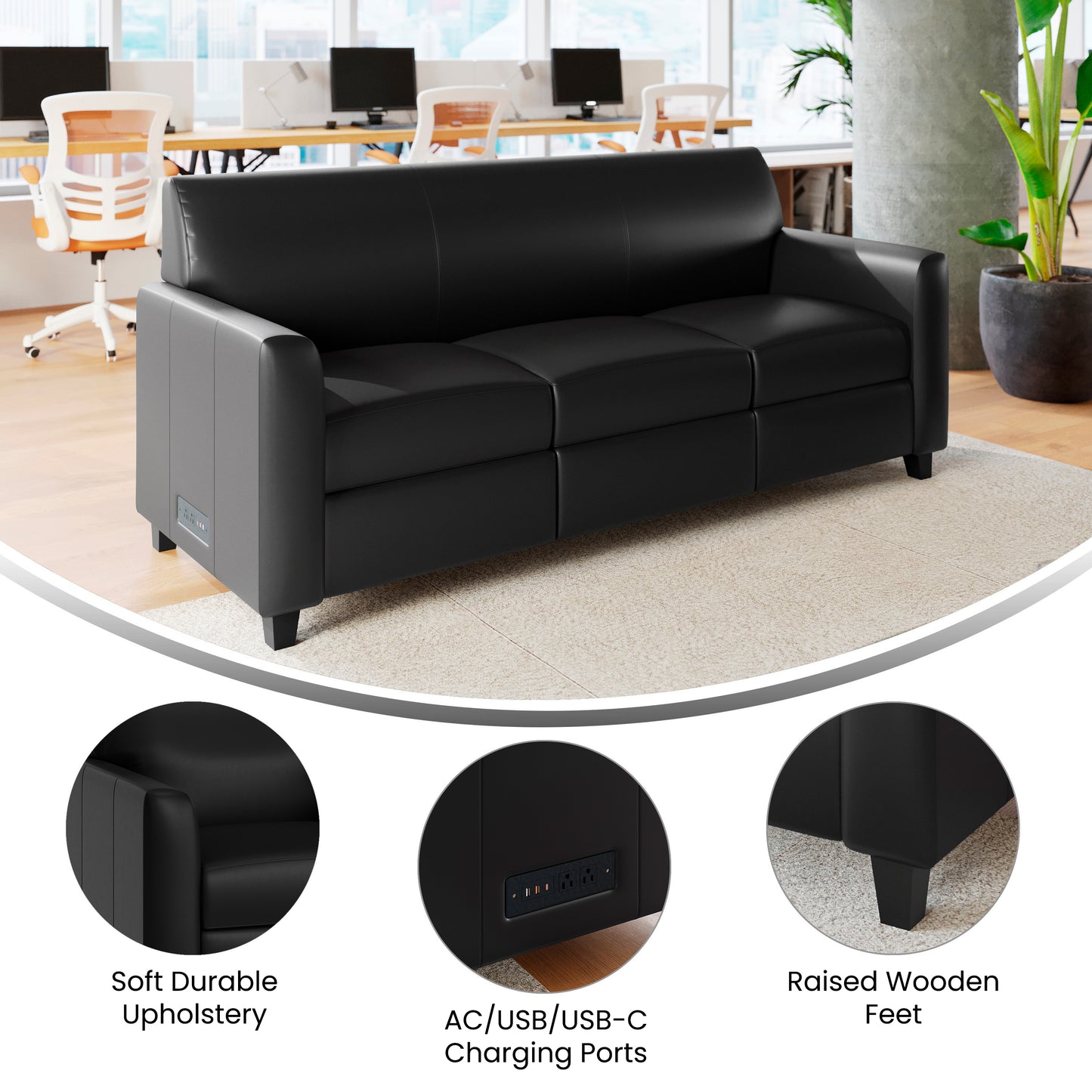 Agent Black LeatherSoft Reception Sofa with Left and Right Side Charging Banks, Includes 2 Outlets, 2USB Ports, 1 USB-C Port, Solid Wood Legs
