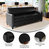 Agent Black LeatherSoft Reception Sofa with Left and Right Side Charging Banks, Includes 2 Outlets, 2USB Ports, 1 USB-C Port, Solid Wood Legs