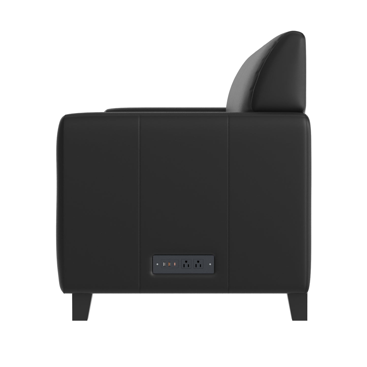 Agent Black LeatherSoft Reception Sofa with Left and Right Side Charging Banks, Includes 2 Outlets, 2USB Ports, 1 USB-C Port, Solid Wood Legs