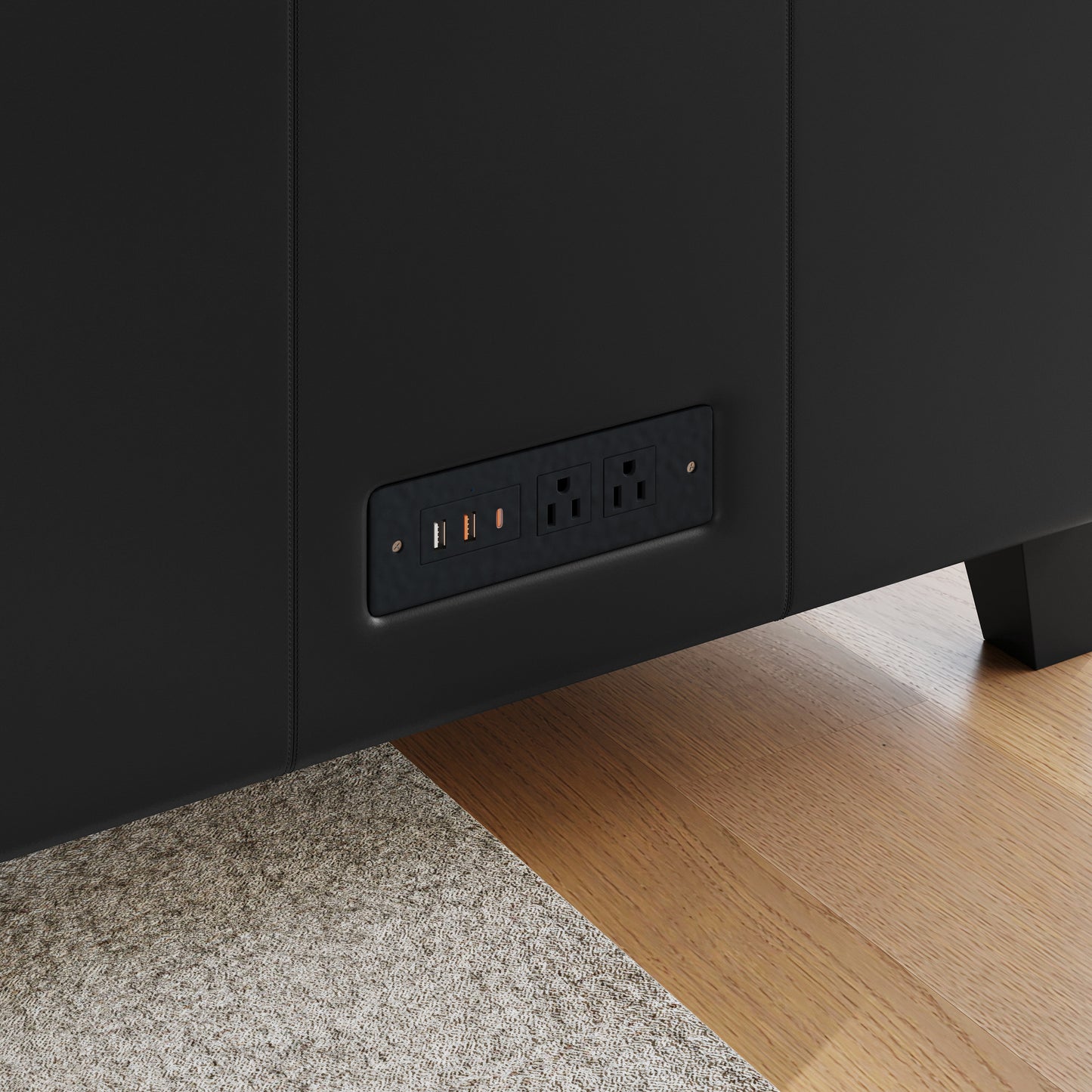 Agent Black LeatherSoft Reception Sofa with Left and Right Side Charging Banks, Includes 2 Outlets, 2USB Ports, 1 USB-C Port, Solid Wood Legs