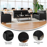 Agent 3 Piece Reception Set with Charging Banks and Solid Wood Legs in Black LeatherSoft