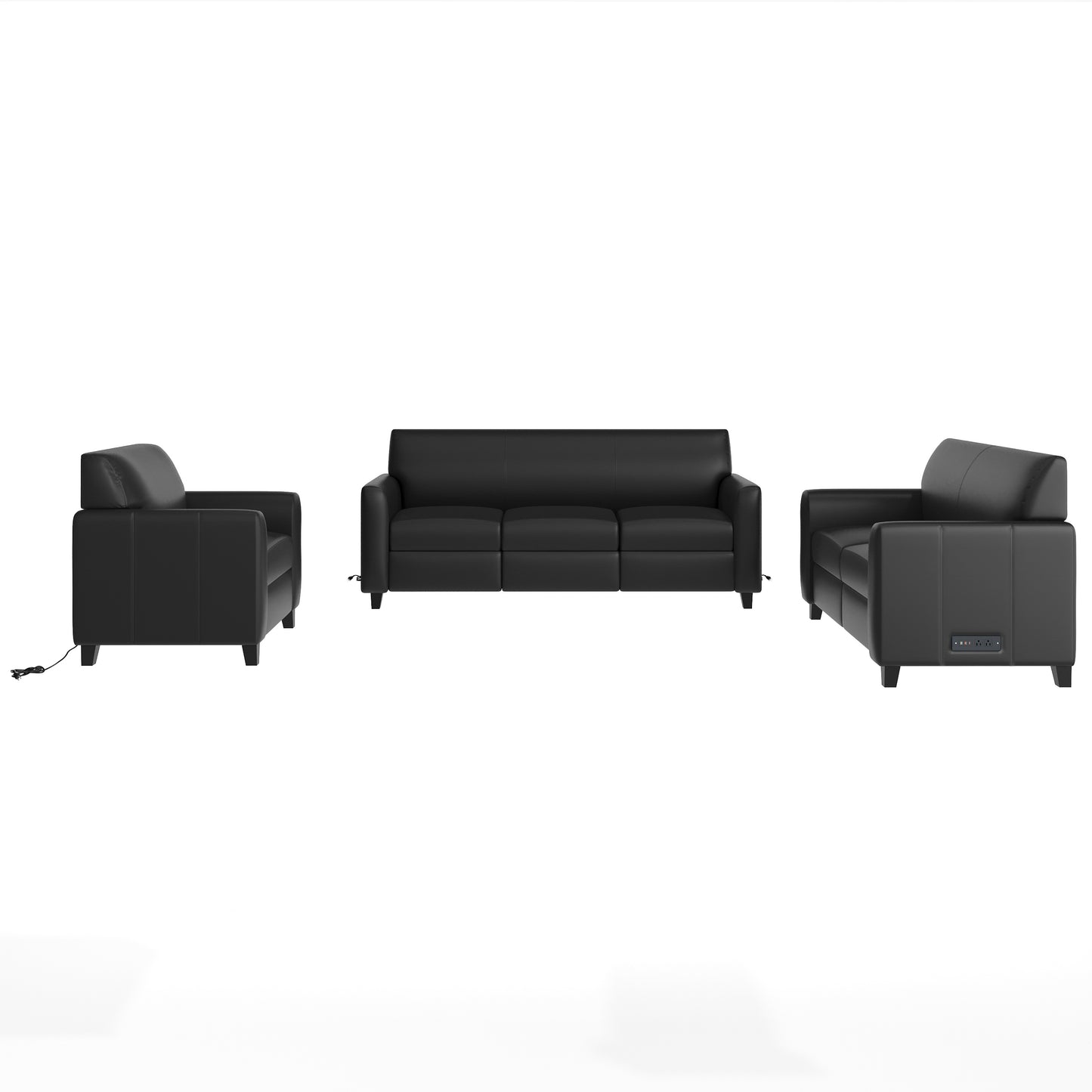 Agent 3 Piece Reception Set with Charging Banks and Solid Wood Legs in Black LeatherSoft