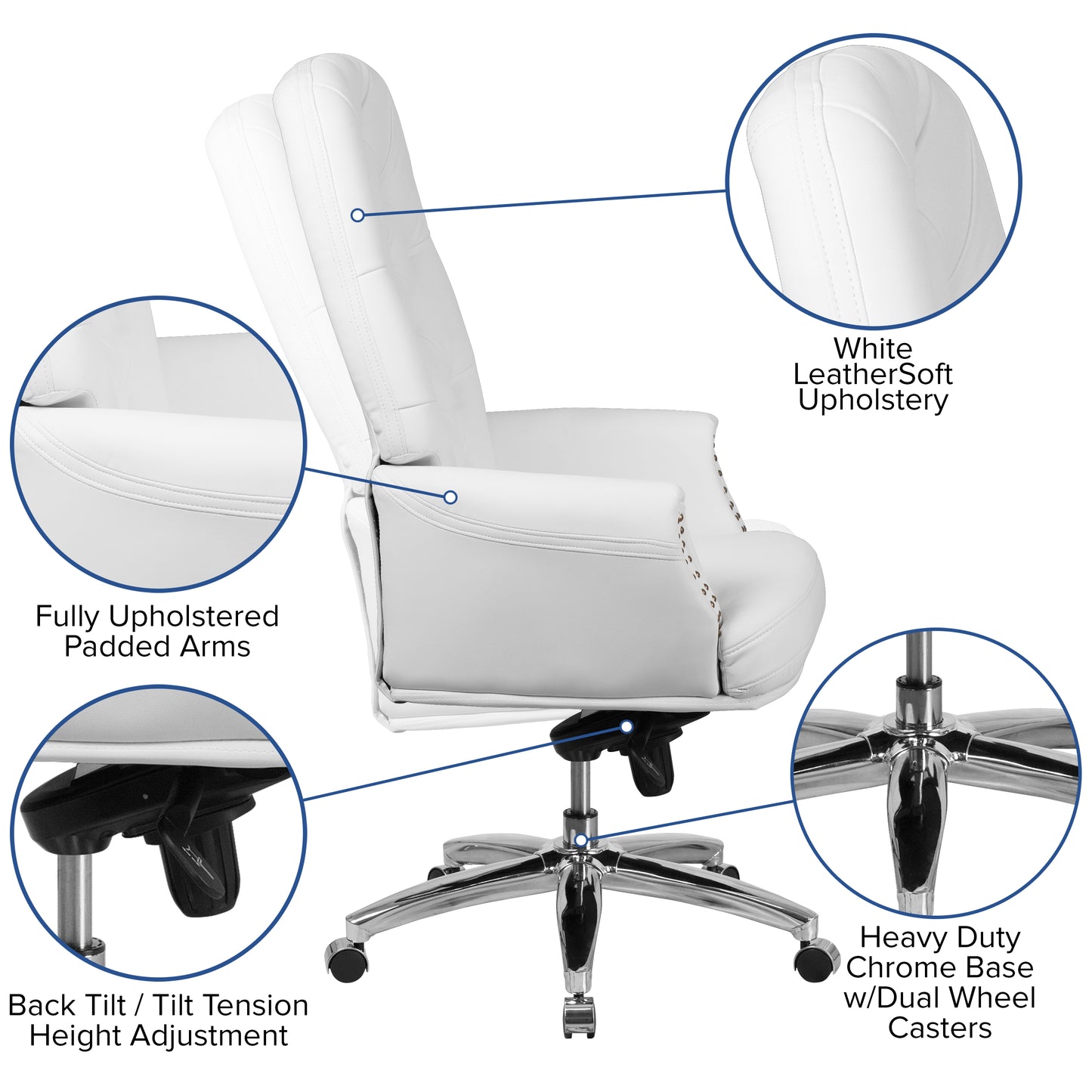 Hansel High Back Traditional Tufted White LeatherSoft Multifunction Executive Swivel Ergonomic Office Chair with Arms