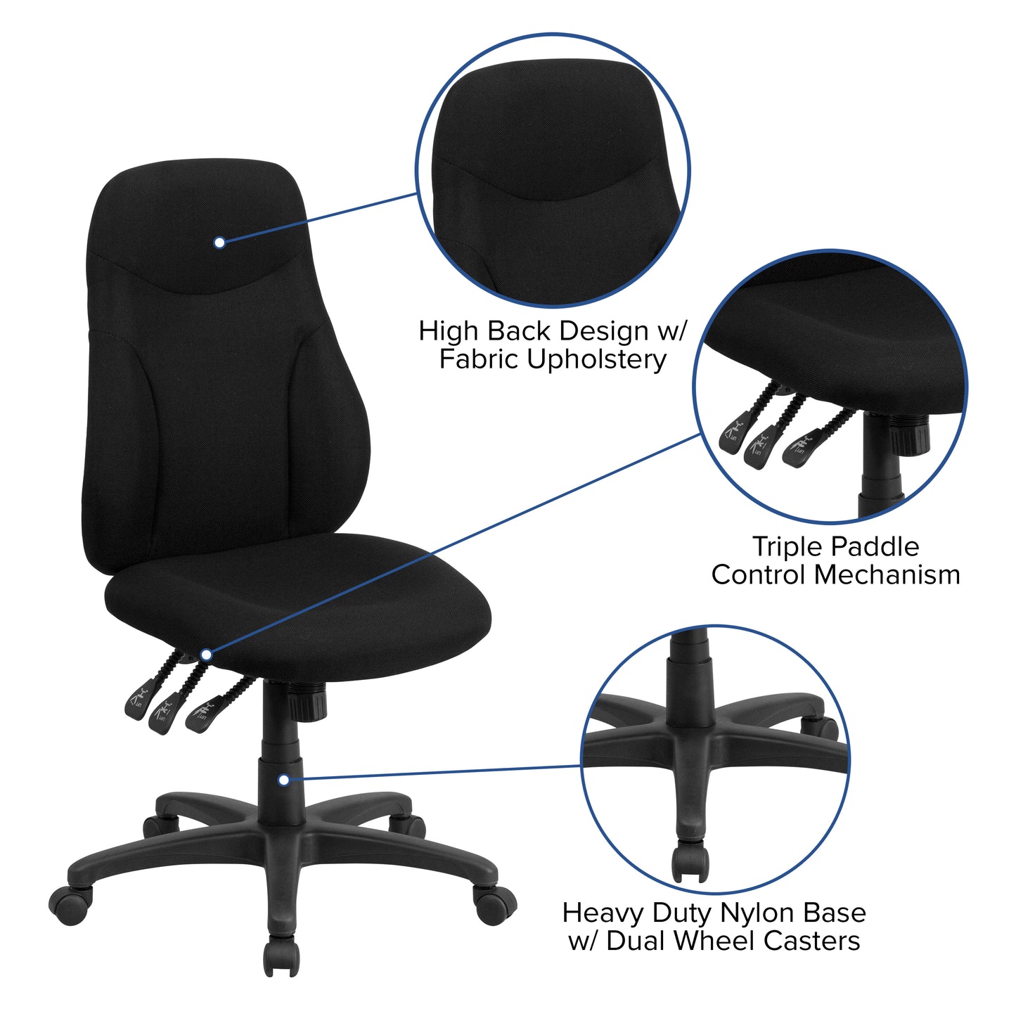 Hughes High Back Black Fabric Multifunction Swivel Ergonomic Task Office Chair