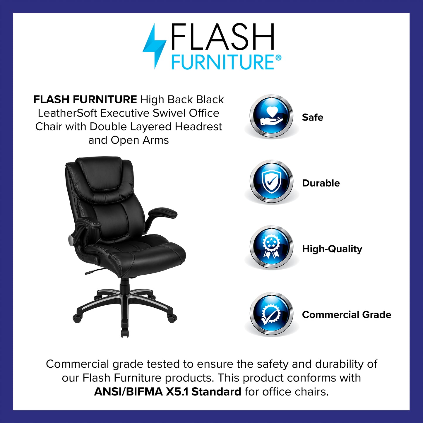 Hansel High Back Black LeatherSoft Executive Swivel Office Chair with Double Layered Headrest and Open Arms