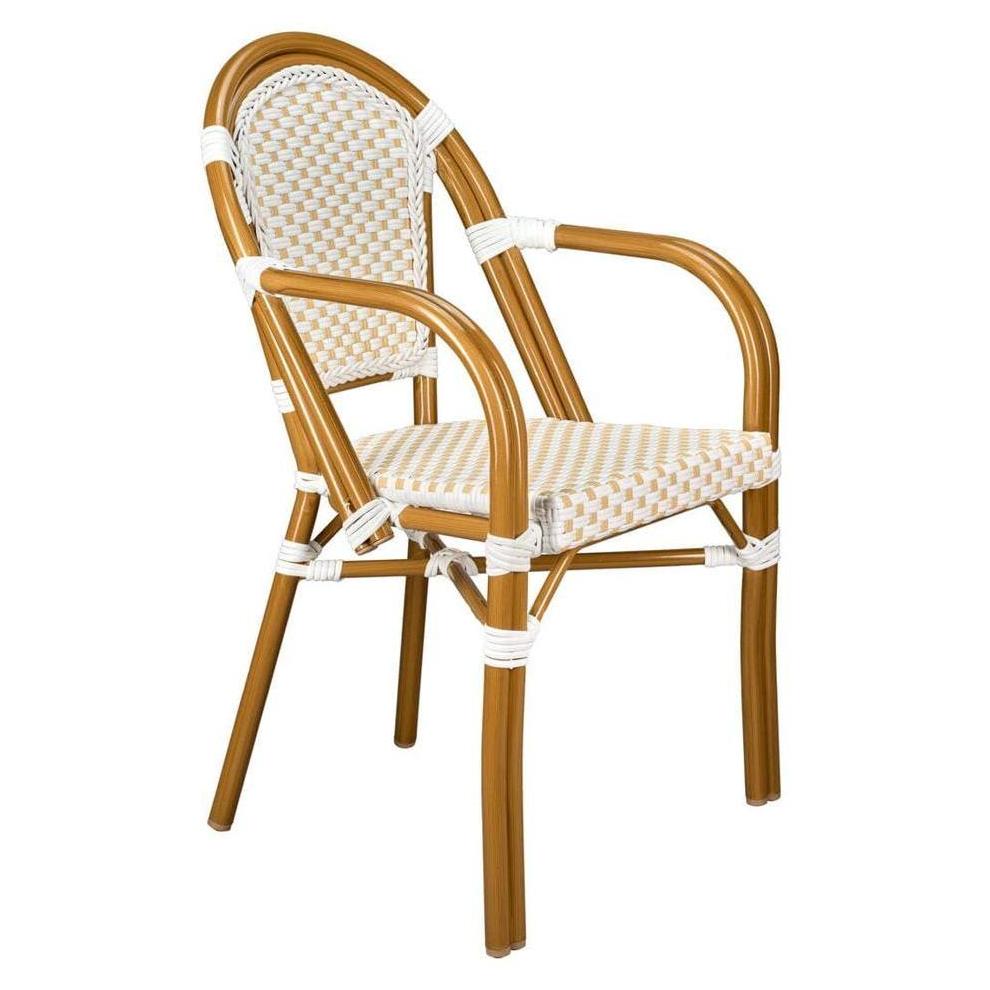 Bistro Patio Dining Arm Chairs With Hand Woven Rattan and Brush Stroke Painted Aluminum Frames