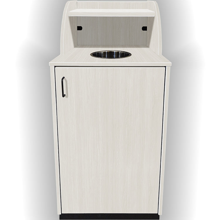 Waste Receptacle with Tray Shelf and Waste Drop Off Hole