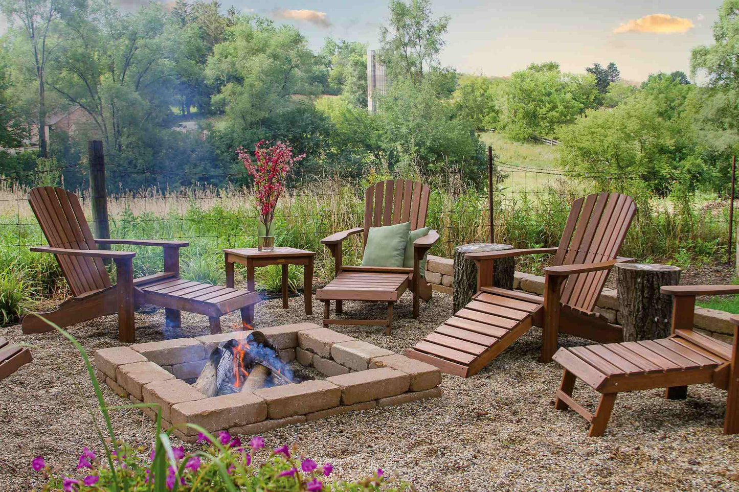 Eucalyptus Outdoor Adirondack Chair with Built-In Ottoman