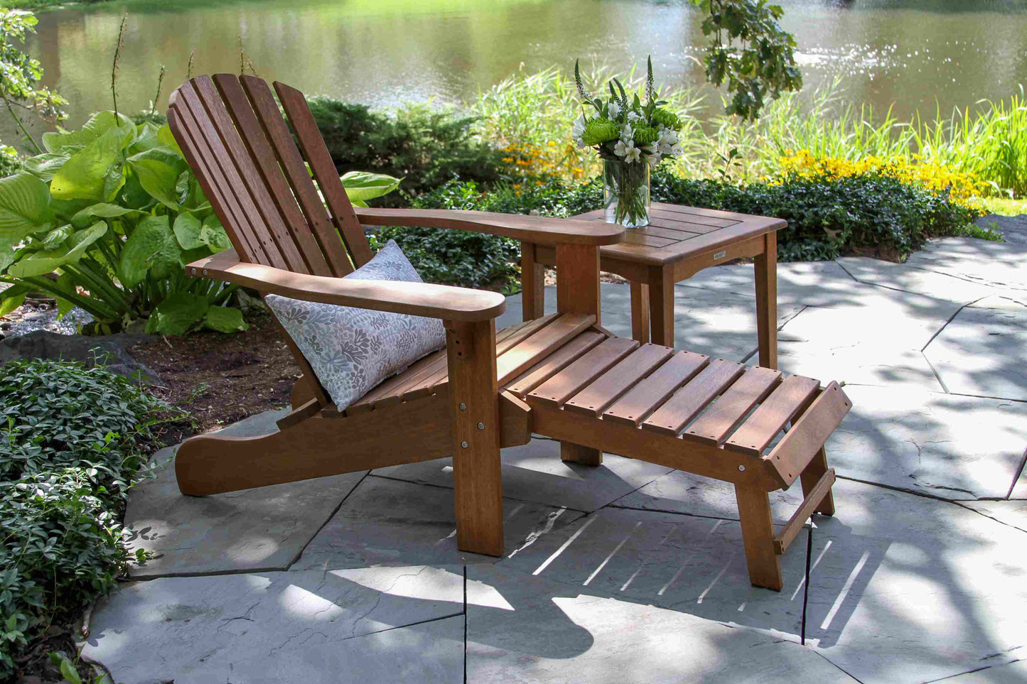 Eucalyptus Outdoor Adirondack Chair with Built-In Ottoman