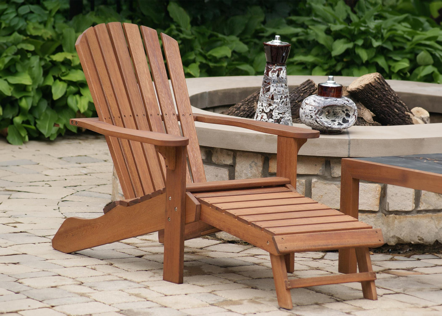 Eucalyptus Outdoor Adirondack Chair with Built-In Ottoman