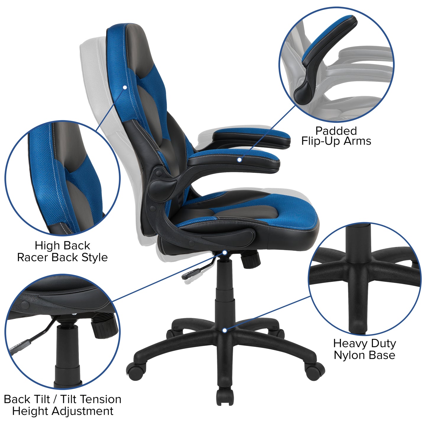 X10 Gaming Chair, Racing Style Ergonomic Office Chair, Height Adjustable Swivel Computer Chair with Flip-Up Arms, Blue/Black LeatherSoft