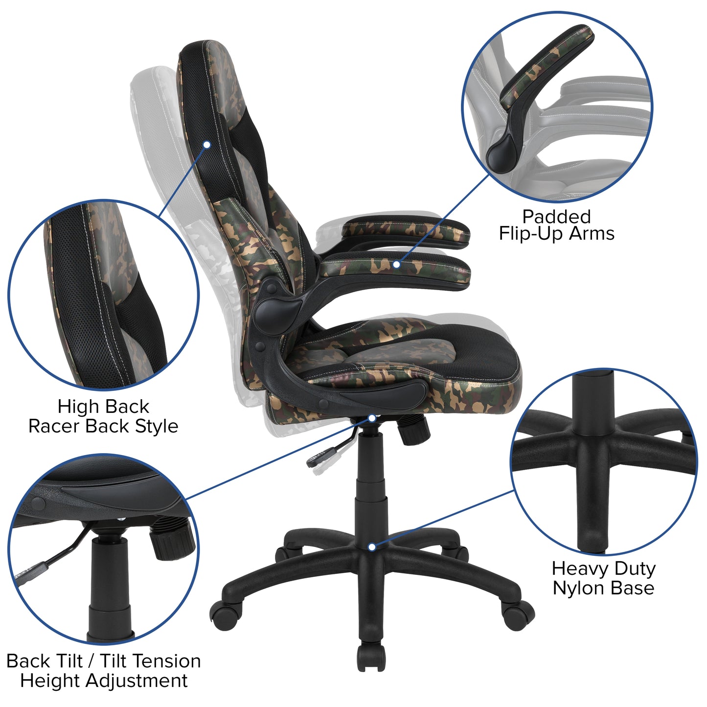 X10 Gaming Chair, Racing Style Ergonomic Office Chair, Height Adjustable Swivel Computer Chair with Flip-Up Arms, Camouflage/Black LeatherSoft