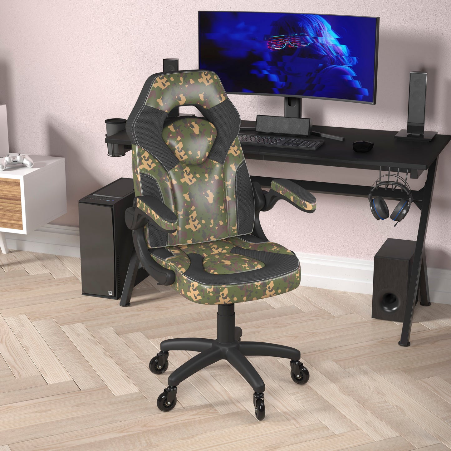 X10 Gaming Chair Racing Computer PC Adjustable Chair with Flip-up Arms and Transparent Roller Wheels, Camouflage/Black LeatherSoft