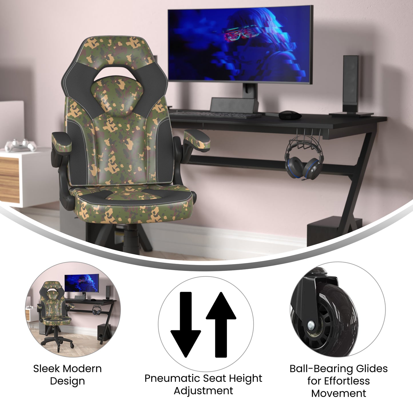 X10 Gaming Chair Racing Computer PC Adjustable Chair with Flip-up Arms and Transparent Roller Wheels, Camouflage/Black LeatherSoft
