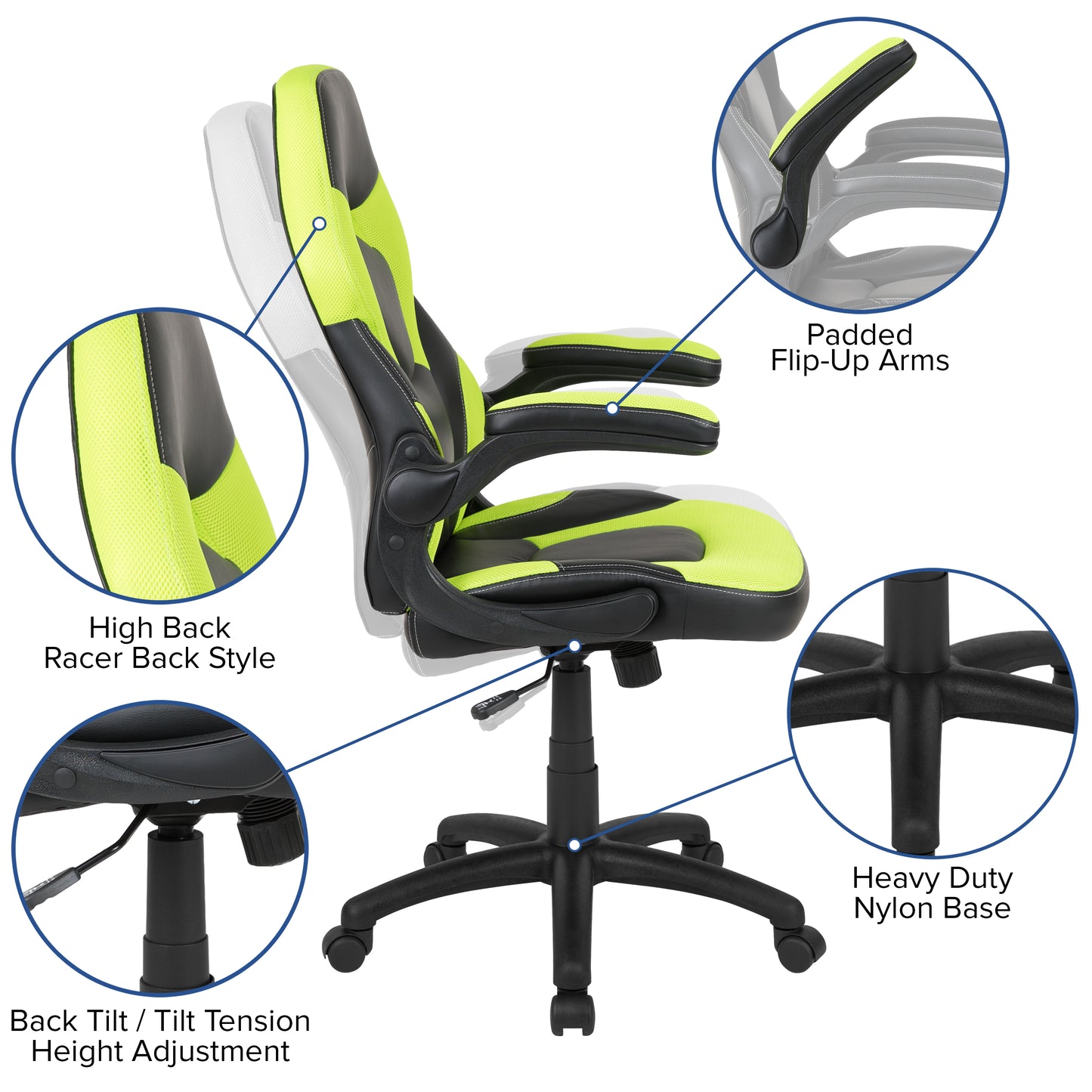 X10 Gaming Chair, Racing Style Ergonomic Office Chair, Height Adjustable Swivel Computer Chair with Flip-Up Arms, Neon Green/Black LeatherSoft