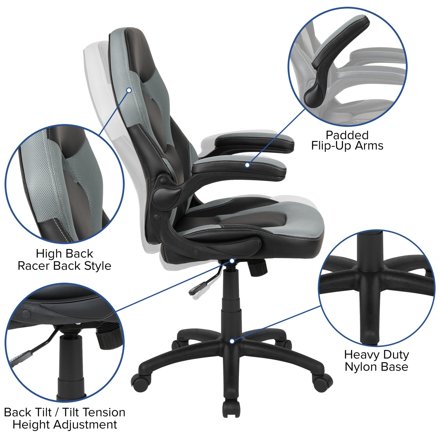 X10 Gaming Chair, Racing Style Ergonomic Office Chair, Height Adjustable Swivel Computer Chair with Flip-Up Arms, Gray/Black LeatherSoft
