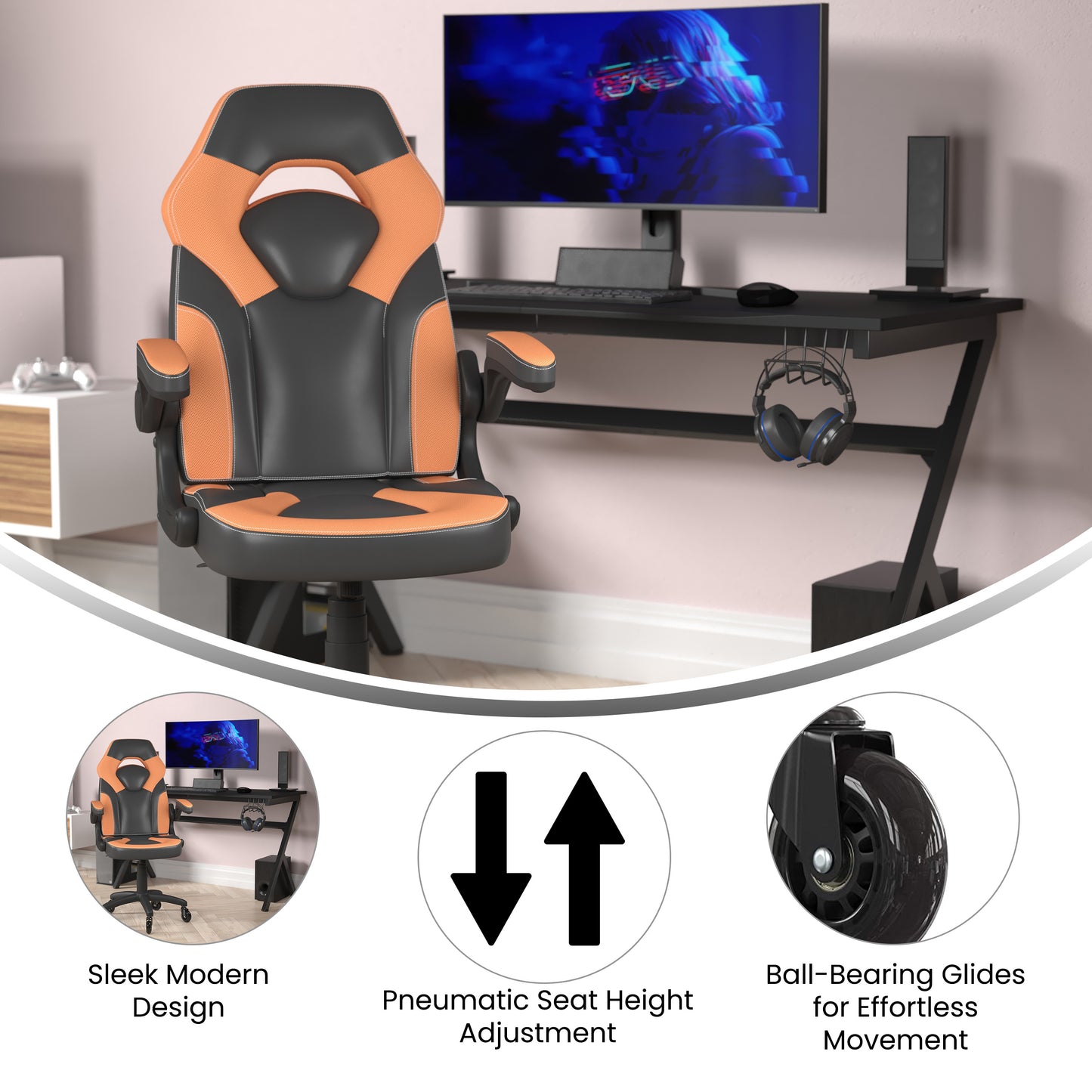X10 Gaming Chair Racing Office Computer PC Adjustable Chair with Flip-up Arms and Transparent Roller Wheels, Orange/Black LeatherSoft
