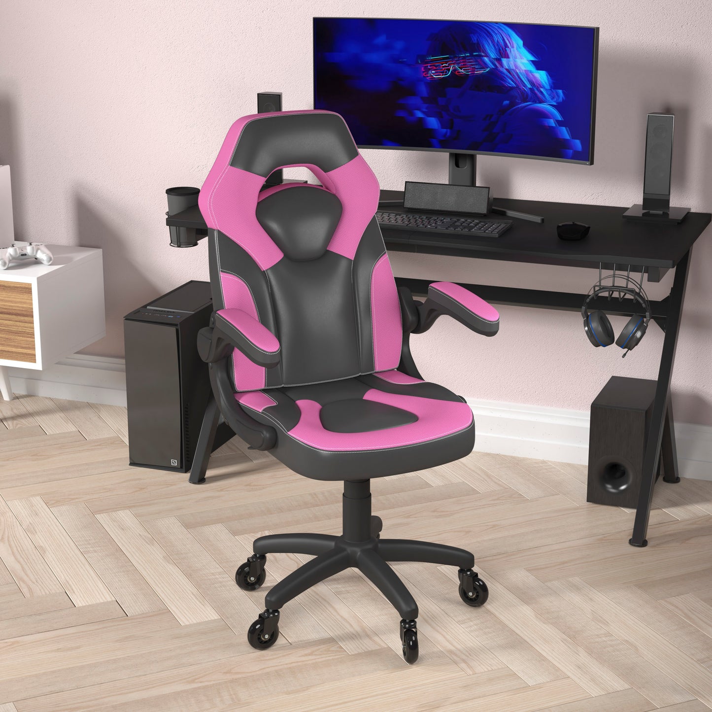 X10 Gaming Chair Racing Office Computer PC Adjustable Chair with Flip-up Arms and Transparent Roller Wheels, Pink/Black LeatherSoft