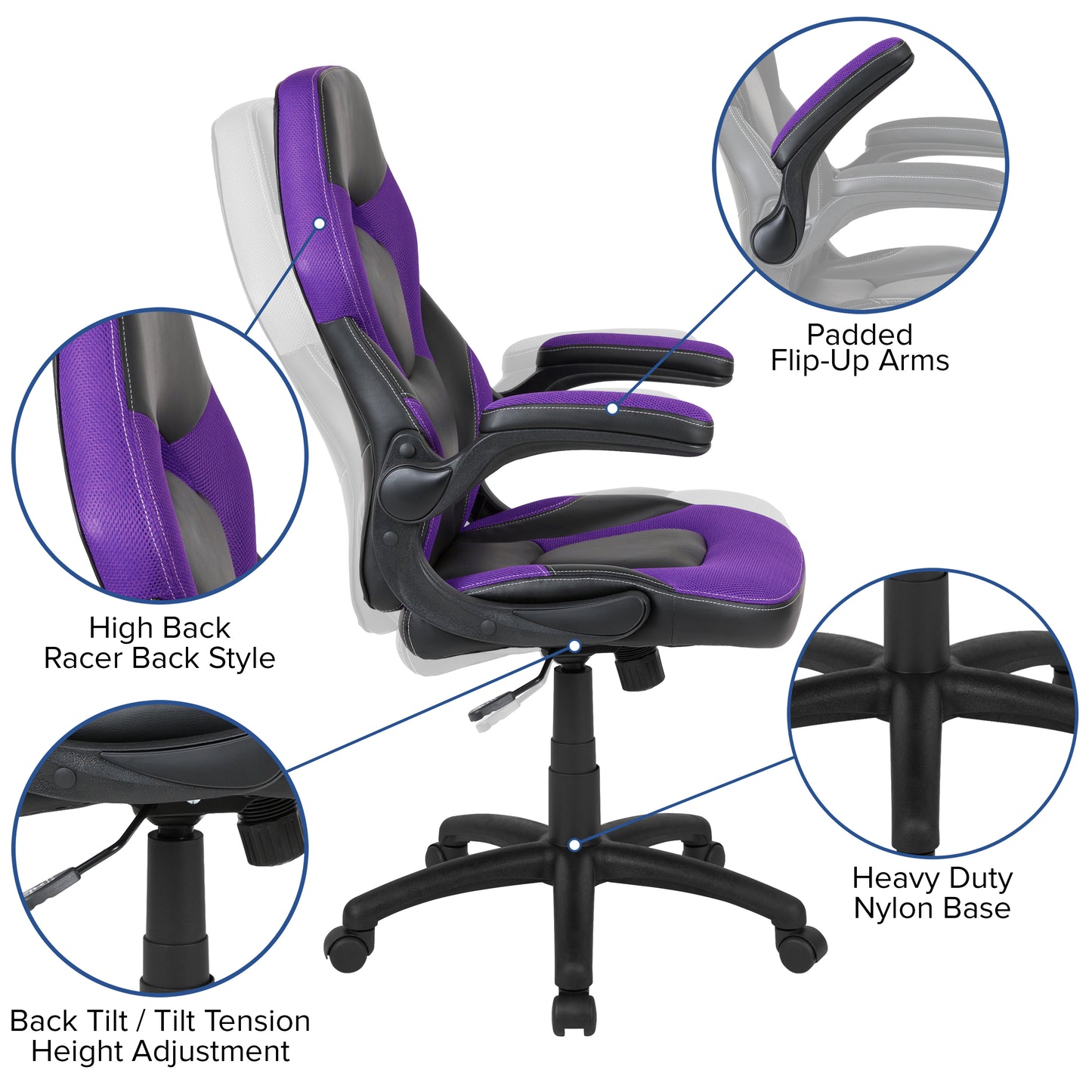 X10 Gaming Chair, Racing Style Ergonomic Office Chair, Height Adjustable Swivel Computer Chair with Flip-Up Arms, Purple/Black LeatherSoft
