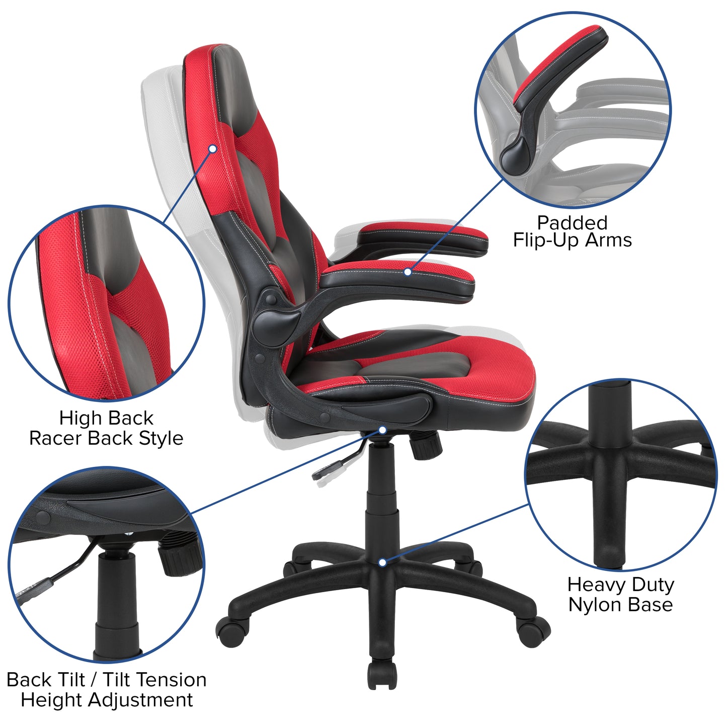X10 Gaming Chair, Racing Style Ergonomic Office Chair, Height Adjustable Swivel Computer Chair with Flip-Up Arms, Red/Black LeatherSoft