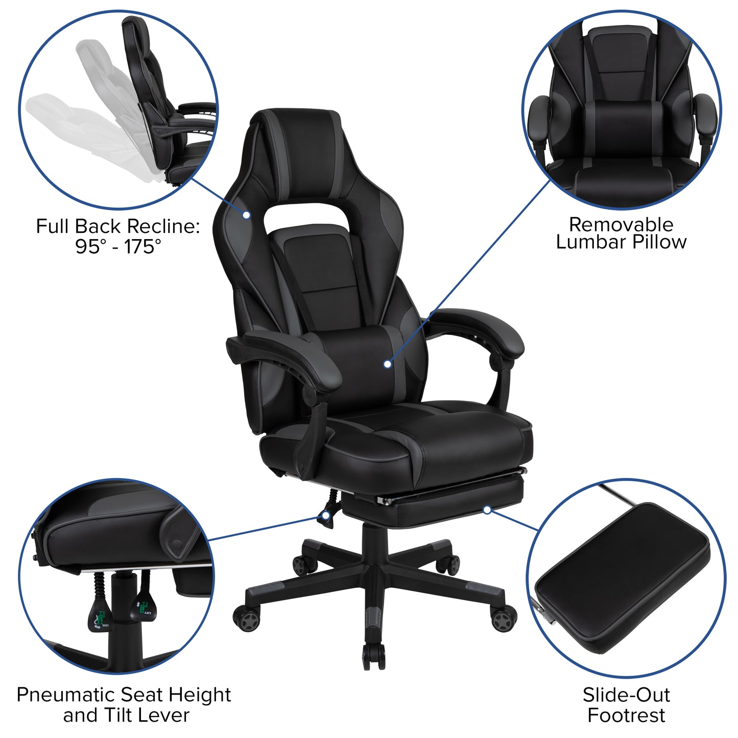 X40 Gaming Chair Racing Ergonomic Computer Chair with Fully Reclining Back/Arms, Slide-Out Footrest, Massaging Lumbar - Black/Gray