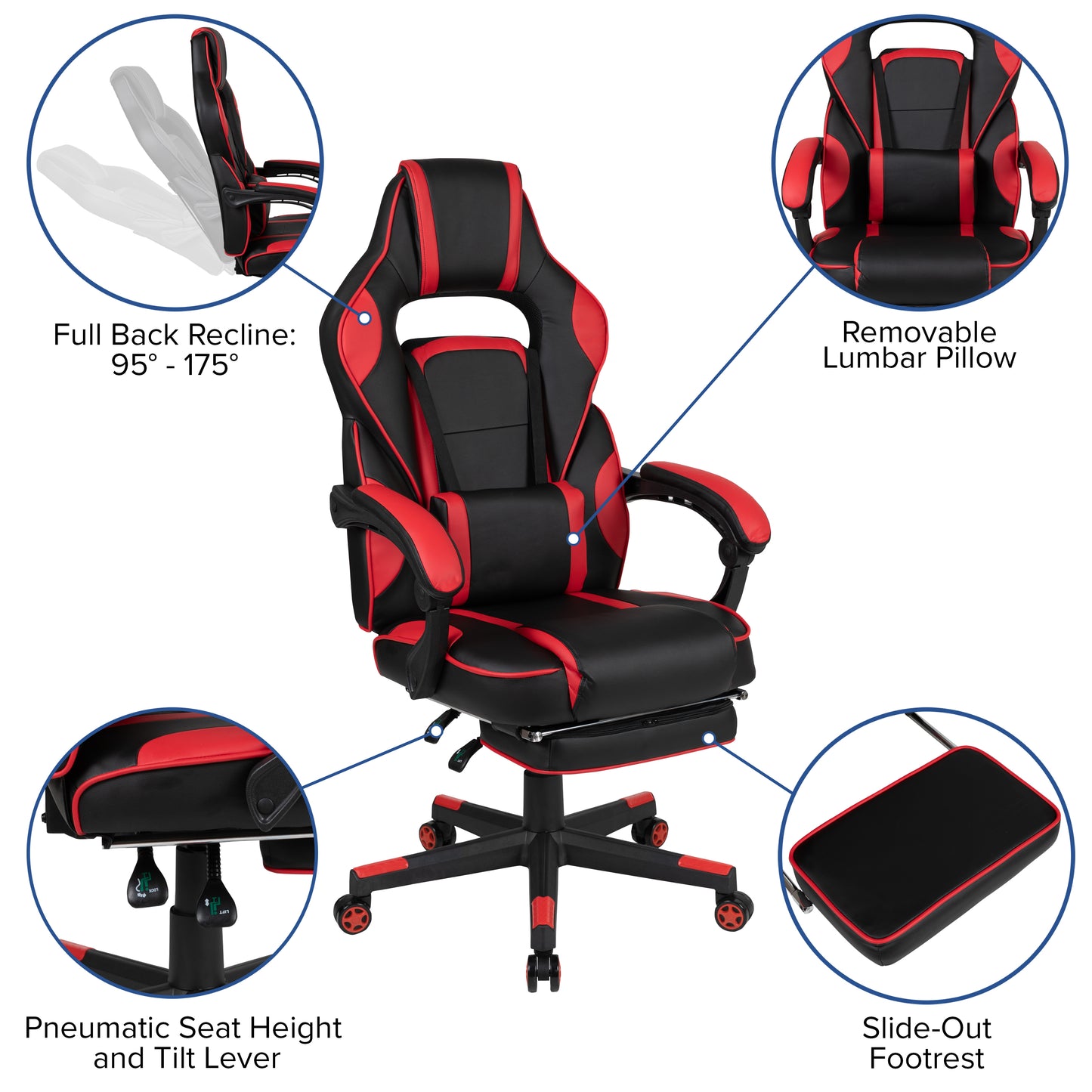 X40 Gaming Chair Racing Ergonomic Computer Chair with Fully Reclining Back/Arms, Slide-Out Footrest, Massaging Lumbar - Red