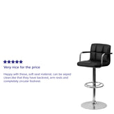 Genna Contemporary Black Quilted Vinyl Adjustable Height Barstool with Arms and Chrome Base