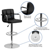 Genna Contemporary Black Quilted Vinyl Adjustable Height Barstool with Arms and Chrome Base