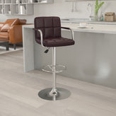 Genna Contemporary Brown Quilted Vinyl Adjustable Height Barstool with Arms and Chrome Base