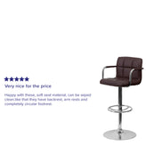 Genna Contemporary Brown Quilted Vinyl Adjustable Height Barstool with Arms and Chrome Base