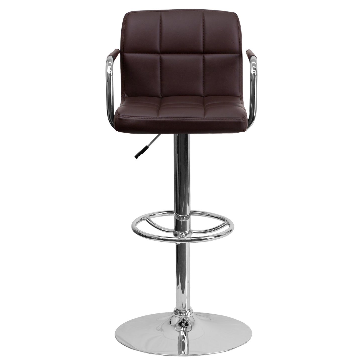 Genna Contemporary Brown Quilted Vinyl Adjustable Height Barstool with Arms and Chrome Base