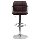 Genna Contemporary Brown Quilted Vinyl Adjustable Height Barstool with Arms and Chrome Base