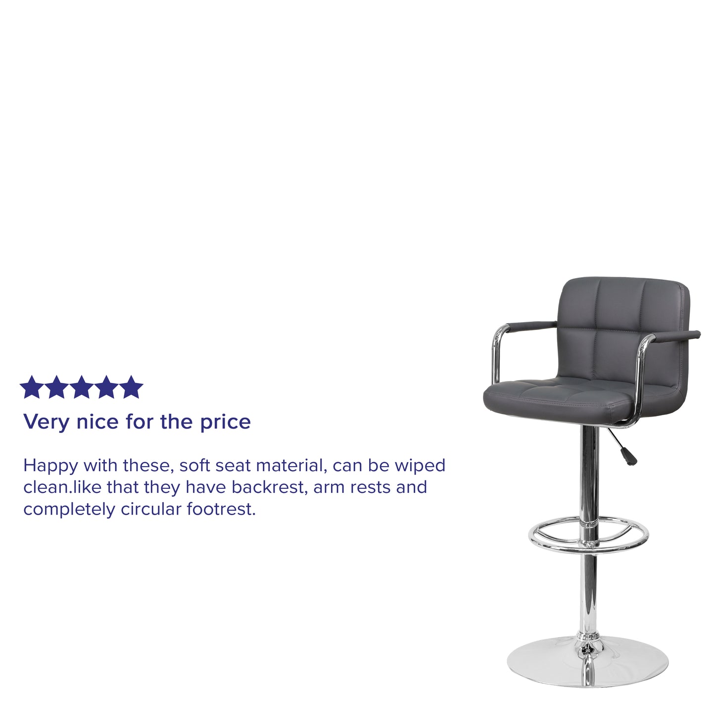 Genna Contemporary Gray Quilted Vinyl Adjustable Height Barstool with Arms and Chrome Base