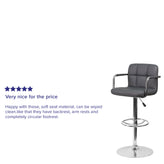 Genna Contemporary Gray Quilted Vinyl Adjustable Height Barstool with Arms and Chrome Base