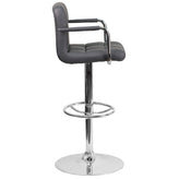 Genna Contemporary Gray Quilted Vinyl Adjustable Height Barstool with Arms and Chrome Base