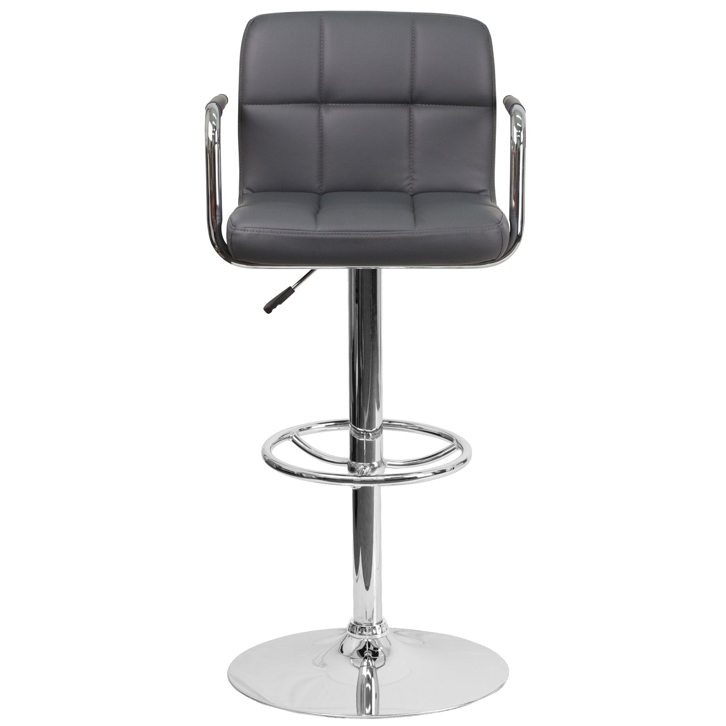 Genna Contemporary Gray Quilted Vinyl Adjustable Height Barstool with Arms and Chrome Base