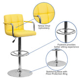 Genna Contemporary Yellow Quilted Vinyl Adjustable Height Barstool with Arms and Chrome Base