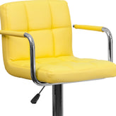 Genna Contemporary Yellow Quilted Vinyl Adjustable Height Barstool with Arms and Chrome Base