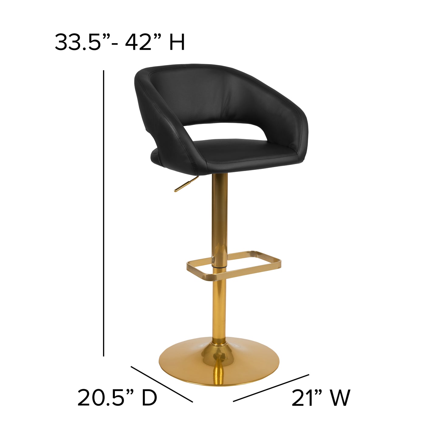 Erik Contemporary Black Vinyl Adjustable Height Barstool with Rounded Mid-Back and Gold Base