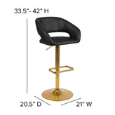 Erik Contemporary Black Vinyl Adjustable Height Barstool with Rounded Mid-Back and Gold Base